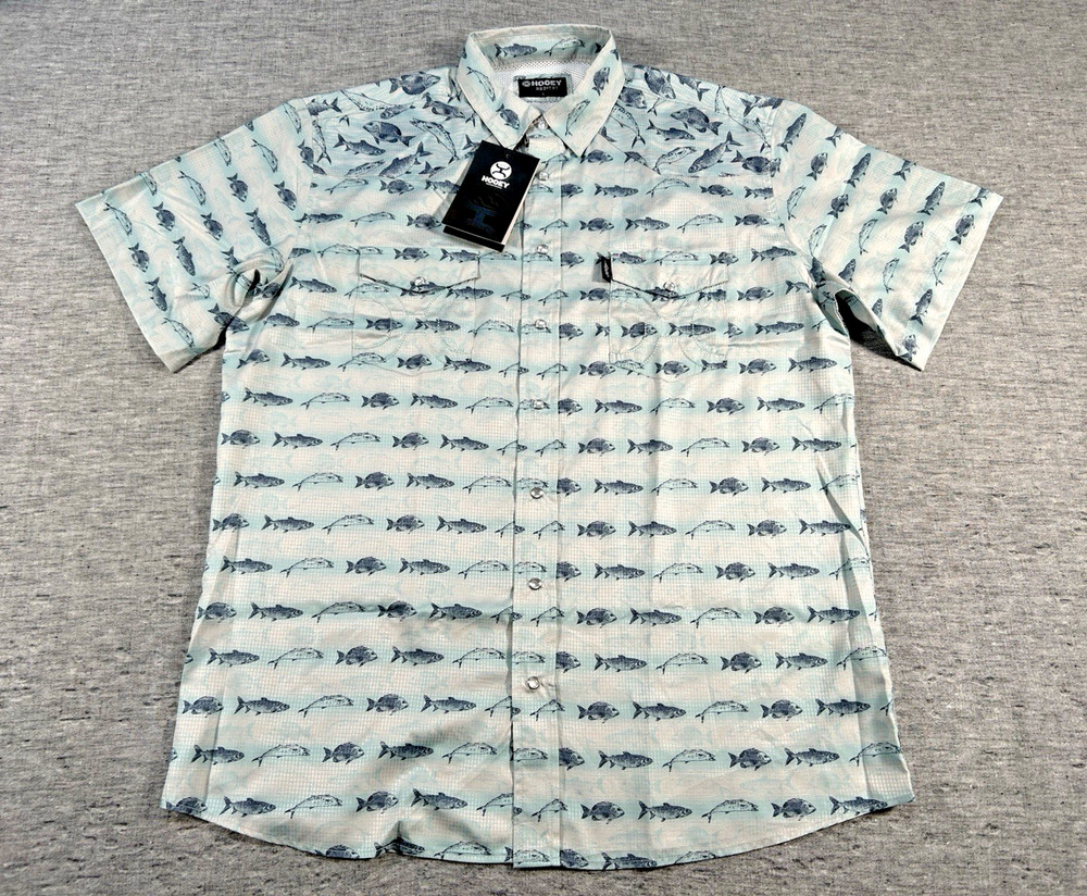 Hooey Pearl Snap Shirt Mens Large Cloud Blue Snapper Fish Short Sleeve Vented